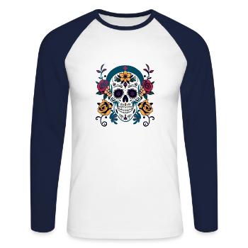Mexican Muertos Day of the Dead Halloween Floral - Unisex Long Sleeve Baseball T-Shirt - white/navy - Front - Nik (191cm)