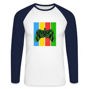 Manette de gaming gaming rétro vintage - T-shirt baseball manches longues Homme - blanc/marine - Devant - Nik (191cm)
