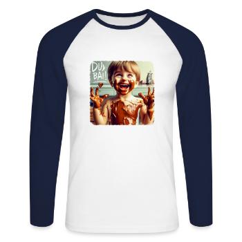 Chocolat de Dubaï - l’ivresse du luxe avec la tentation sucrée - T-shirt baseball manches longues Homme - blanc/marine - Devant - Nik (191cm)