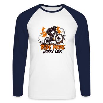 Cadeau VTT avec Ride More, Worry Less - T-shirt baseball manches longues Homme - blanc/marine - Devant - Nik (191cm)