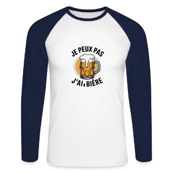 je peux pas j'ai bière - T-shirt baseball manches longues Homme - blanc/marine - Devant - Nik (191cm)