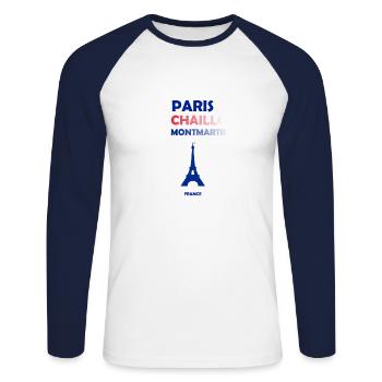 Paris, Frankreich - Unisex Baseballshirt langarm - Weiß/Navy - Vorne - Nik (191cm)