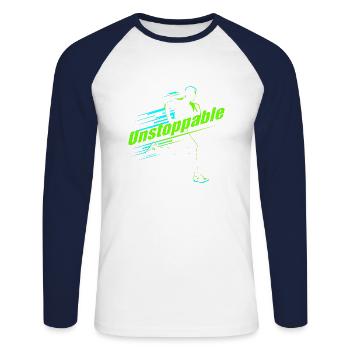 Running design - "Unstoppable" - Unisex Long Sleeve Baseball T-Shirt - white/navy - Front - Nik (191cm)