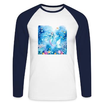 Sirène éthérée : un voyage onirique à travers - T-shirt baseball manches longues Homme - blanc/marine - Devant - Nik (191cm)