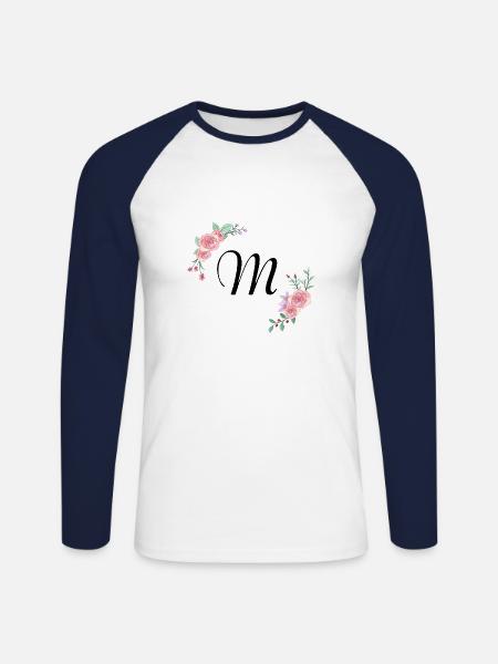 Pink floral letter m - Unisex Long Sleeve Baseball T-Shirt - white/navy