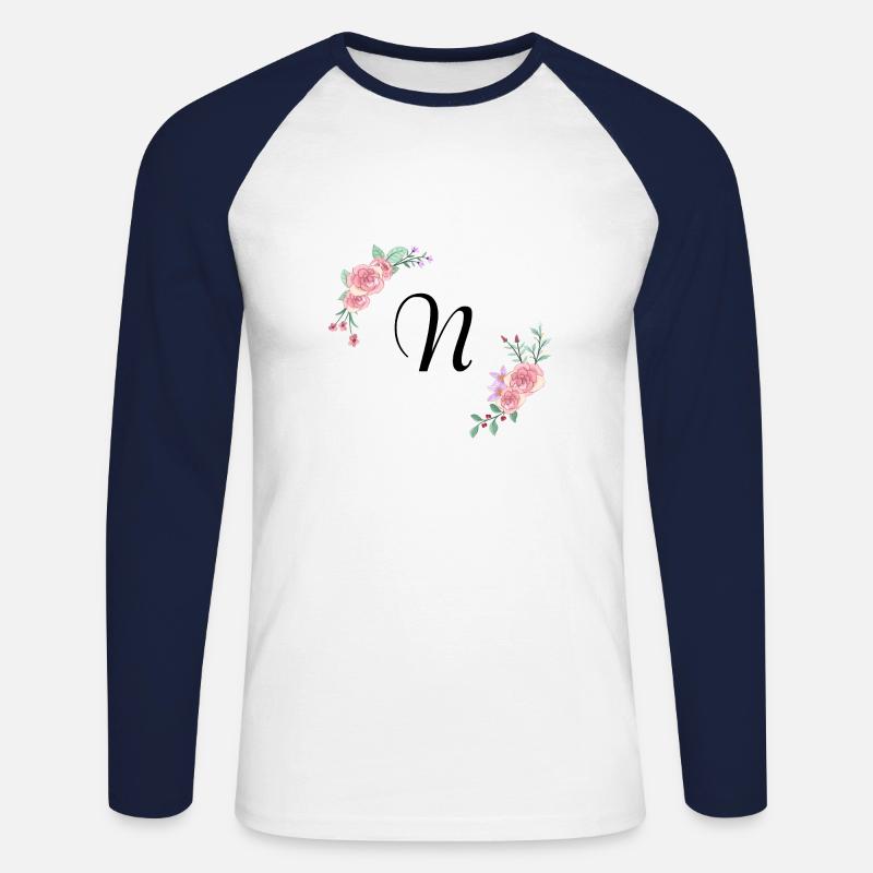 Rosa Blumenbuchstabe n - Unisex Baseballshirt langarm - Weiß/Navy