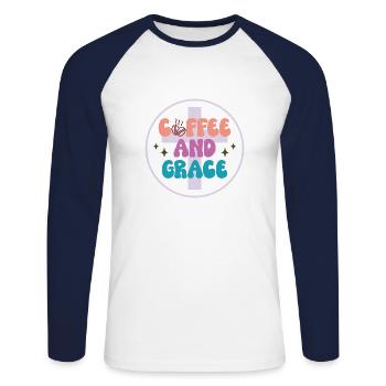 Coffee & Grace - Unisex Long Sleeve Baseball T-Shirt - white/navy - Front - Nik (191cm)
