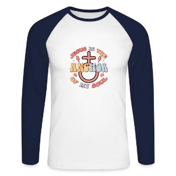 Jesus ist der Anker - Unisex Baseballshirt langarm - Weiß/Navy - Vorne - Nik (191cm)