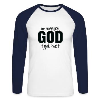 Pas de soucis, Dieu m’a eu - T-shirt baseball manches longues Homme - blanc/marine - Devant - Nik (191cm)