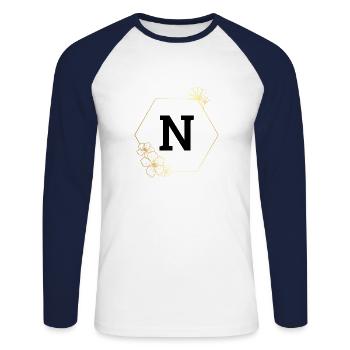 Buchstabe n Goldener Blumenrahmen - Unisex Baseballshirt langarm - Weiß/Navy - Vorne - Nik (191cm)