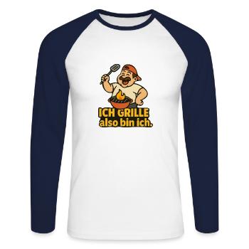 Ich grille, also bin ich. - Unisex Baseballshirt langarm - Weiß/Navy - Vorne - Nik (191cm)