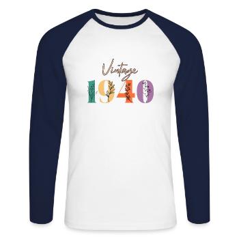 Vintage 1940's Floral - Unisex Long Sleeve Baseball T-Shirt - white/navy - Front - Nik (191cm)