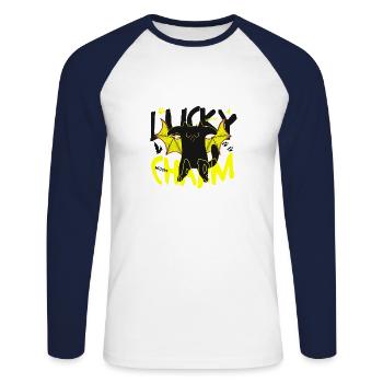 Porte-bonheur chat noir chauve-souris ailes Halloween - T-shirt baseball manches longues Homme - blanc/marine - Devant - Nik (191cm)