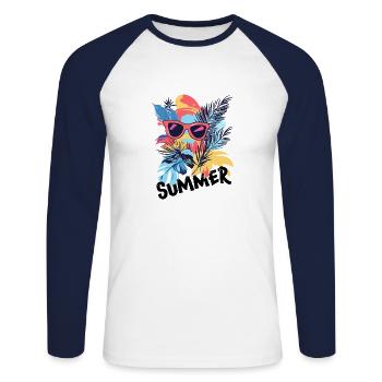 Ambiance estivale tropicale – Lunettes de soleil et feuilles. - T-shirt baseball manches longues Homme - blanc/marine - Devant - Nik (191cm)