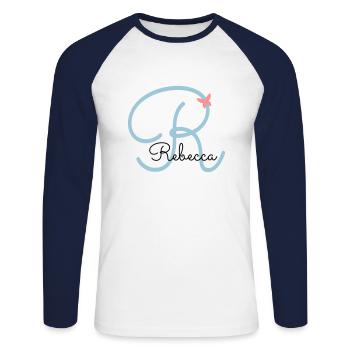 Rebecca nom de famille - T-shirt baseball manches longues Homme - blanc/marine - Devant - Nik (191cm)