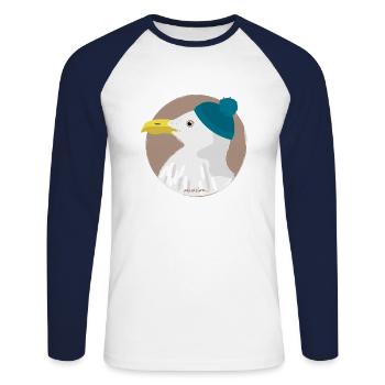 Möwe blaue Mütze | moin - Unisex Baseballshirt langarm - Weiß/Navy - Vorne - Nik (191cm)