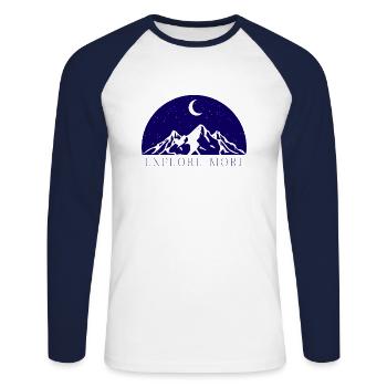 Explore more - Unisex Long Sleeve Baseball T-Shirt - white/navy - Front - Nik (191cm)
