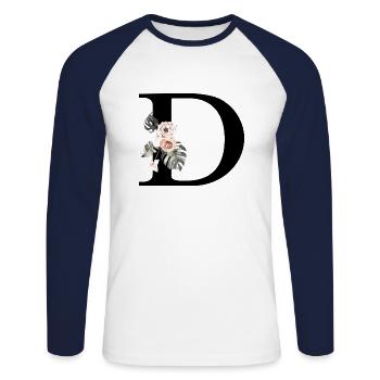 Tropischer Blumenbuchstabe D - Unisex Baseballshirt langarm - Weiß/Navy - Vorne - Nik (191cm)