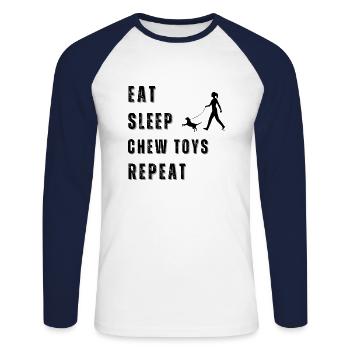Eat, Sleep, chew toys, repeat - Unisex Long Sleeve Baseball T-Shirt - white/navy - Front - Nik (191cm)