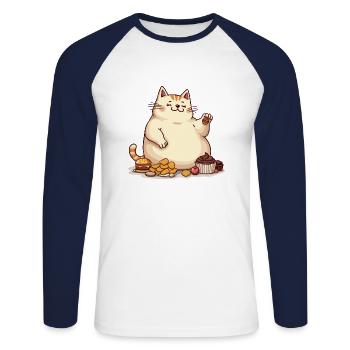 Bec sucré – Un chat vorace - T-shirt baseball manches longues Homme - blanc/marine - Devant - Nik (191cm)