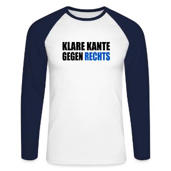klare kante gegen rechts - Unisex Baseballshirt langarm - Weiß/Navy - Vorne - Nik (191cm)