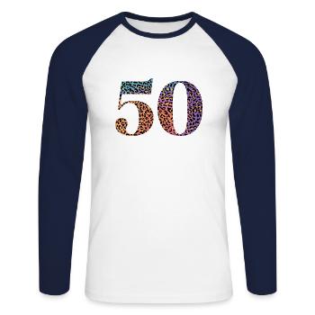 50th Anniversary Leopard - Unisex Long Sleeve Baseball T-Shirt - white/navy - Front - Nik (191cm)