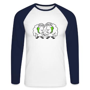 Deux moutons mangent de l’herbe 2 amis Équipe affamée - T-shirt baseball manches longues Homme - blanc/marine - Devant - Nik (191cm)