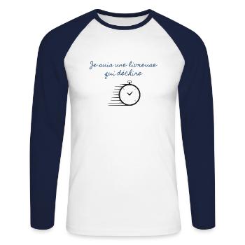 Je suis une livreuse qui déchire - T-shirt baseball manches longues Homme - blanc/marine - Devant - Nik (191cm)
