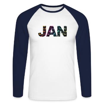 JAN - Beautiful boy name with dinosaur - Unisex Long Sleeve Baseball T-Shirt - white/navy - Front - Nik (191cm)