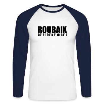 Roubaix Koordinaten - Unisex Baseballshirt langarm - Weiß/Navy - Vorne - Nik (191cm)