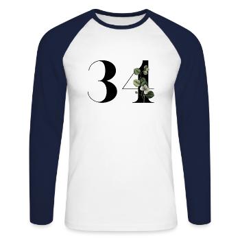 Numéro 34 floral vert - 34e anniversaire floral - T-shirt baseball manches longues Homme - blanc/marine - Devant - Nik (191cm)