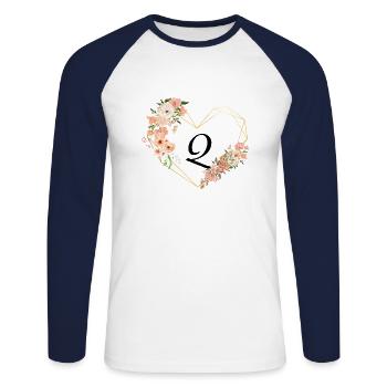 Lettre q cœur doré floral - T-shirt baseball manches longues Homme - blanc/marine - Devant - Nik (191cm)