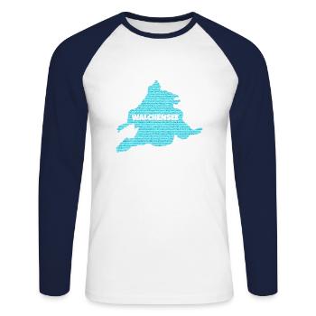 Walchensee, Paradies zum Baden, Surfen, Segeln - Unisex Baseballshirt langarm - Weiß/Navy - Vorne - Nik (191cm)
