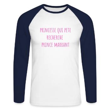 princesse qui pete recherche prince marrant - T-shirt baseball manches longues Homme - blanc/marine - Devant - Nik (191cm)