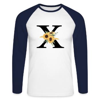 Buchstabe x blumige Sonnenblume - Unisex Baseballshirt langarm - Weiß/Navy - Vorne - Nik (191cm)