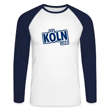 Cologne - 0221 - Ville de la cathédrale - Rhin - Cathédrale de Cologne - T-shirt baseball manches longues Homme - blanc/marine - Devant - Nik (191cm)