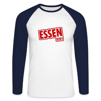 Essen - 0201 - Vorwahl - Slogan - Unisex Baseballshirt langarm - Weiß/Navy - Vorne - Nik (191cm)