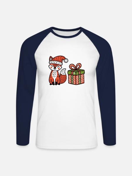 Weihnachtsfuchs mit Mütze und Geschenk - Unisex Baseballshirt langarm - Weiß/Navy