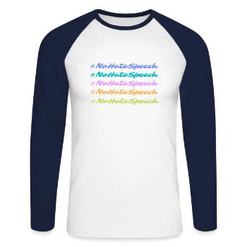 #NoHateSpeeche - Unisex Long Sleeve Baseball T-Shirt - white/navy - Front - Nik (191cm)