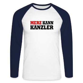 Merz kann kanzler - Unisex Baseballshirt langarm - Weiß/Navy - Vorne - Nik (191cm)
