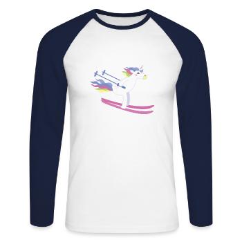 Licorne sur ski - T-shirt baseball manches longues Homme - blanc/marine - Devant - Nik (191cm)