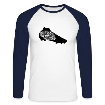 Gehirnprint auf Sneakersohle - Unisex Baseballshirt langarm - Weiß/Navy - Vorne - Nik (191cm)