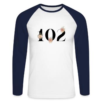 102e anniversaire fleuris (Cadeau de 102 ans) - T-shirt baseball manches longues Homme - blanc/marine - Devant - Nik (191cm)