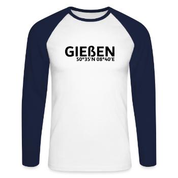 Gießen Koordinaten - Unisex Baseballshirt langarm - Weiß/Navy - Vorne - Nik (191cm)