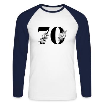 Numéro 70 floral noir - 70e anniversaire floral - T-shirt baseball manches longues Homme - blanc/marine - Devant - Nik (191cm)