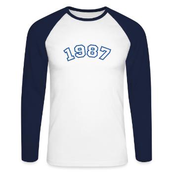 1987 Sport Blau - Unisex Baseballshirt langarm - Weiß/Navy - Vorne - Nik (191cm)