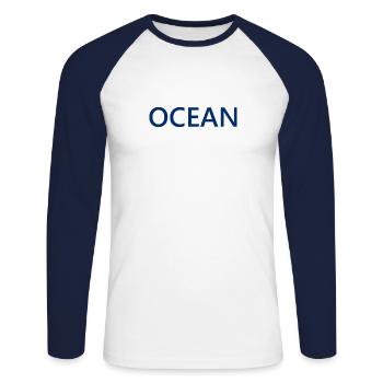 Ocean Lettering Design Logo Ozean Meer - Unisex Baseballshirt langarm - Weiß/Navy - Vorne - Nik (191cm)
