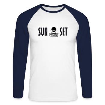 SUNSET | Sonnenuntergang Schrift und Logo Design - Unisex Baseballshirt langarm - Weiß/Navy - Vorne - Nik (191cm)