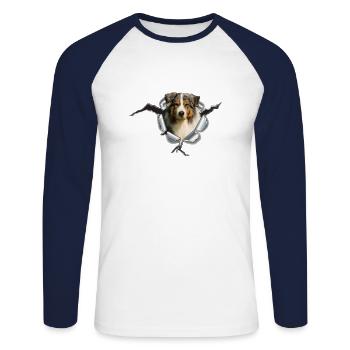 Australian Shepherd im Metall-Loch - Unisex Baseballshirt langarm - Weiß/Navy - Vorne - Nik (191cm)