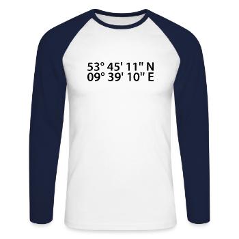 Elmshorn Koordinaten - Unisex Baseballshirt langarm - Weiß/Navy - Vorne - Nik (191cm)